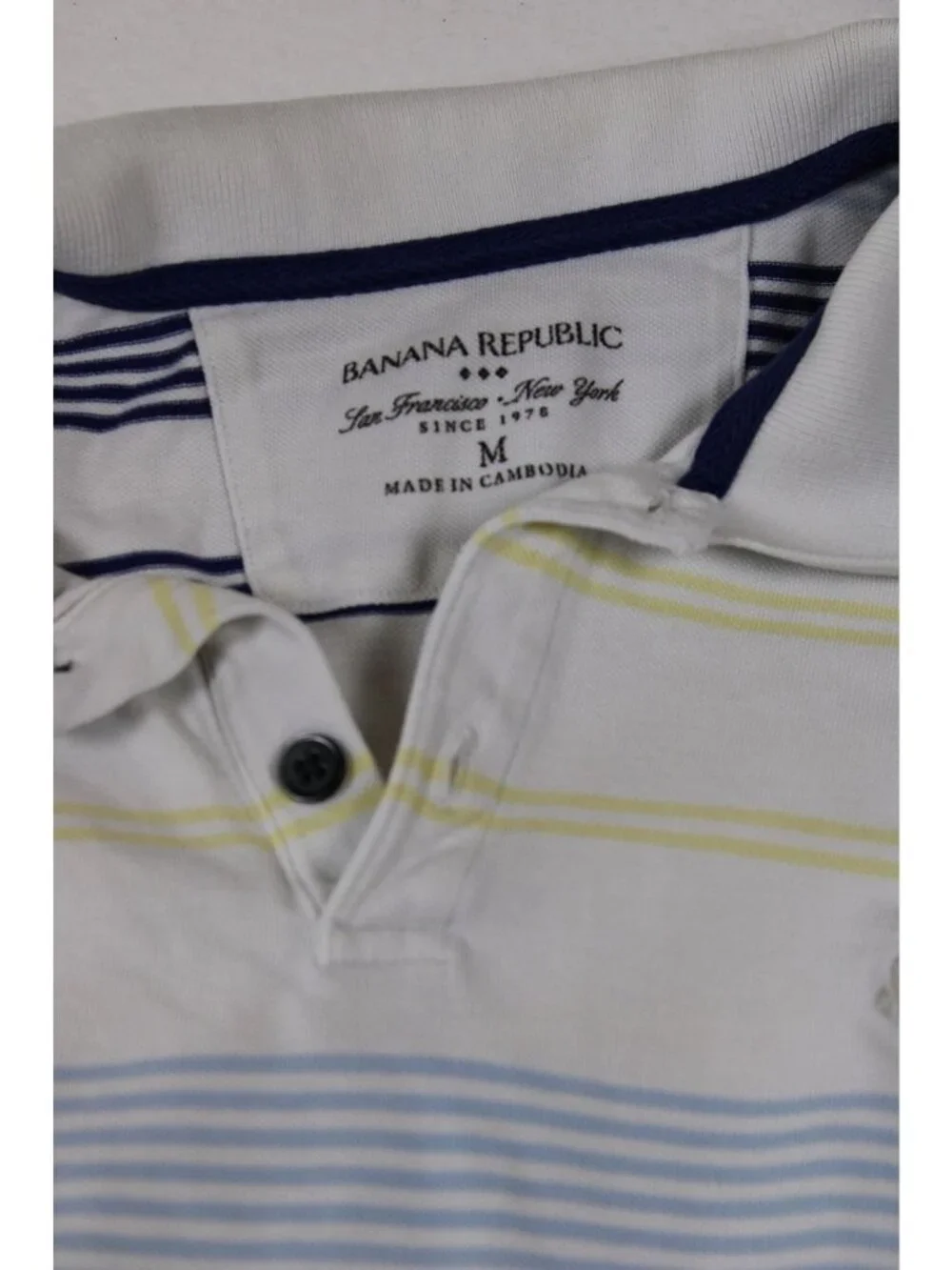 Banana Republic Mens Striped Polo Shirt White Blue Yellow Short Sleeve M